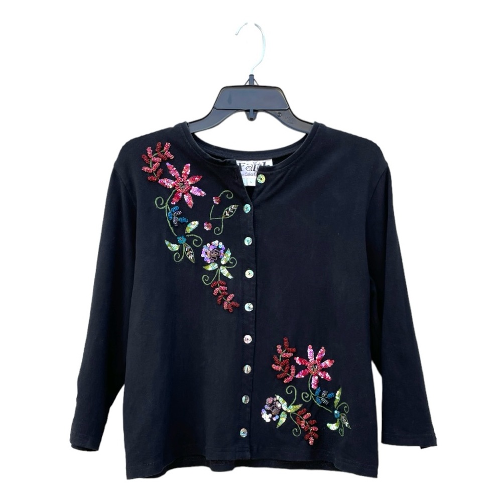 Faith by Celia Sequin Embellished Flower Button Down Black Cardigan Size Large